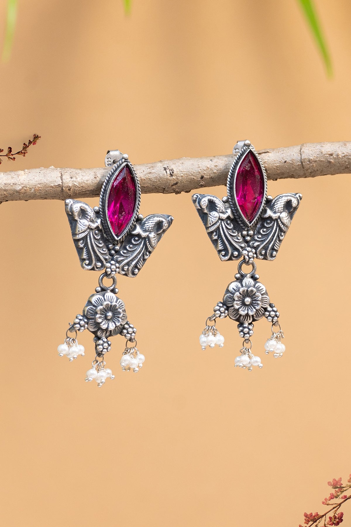 White Finish Red Onyx Temple Dangler Earrings In Sterling Silver