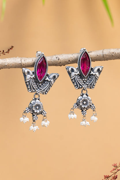 White Finish Red Onyx Temple Dangler Earrings In Sterling Silver