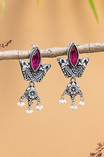 White Finish Red Onyx Temple Dangler Earrings In Sterling Silver