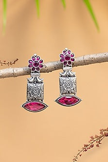 White Finish Maroon Kempstone Temple Dangler Earrings In Sterling Silver
