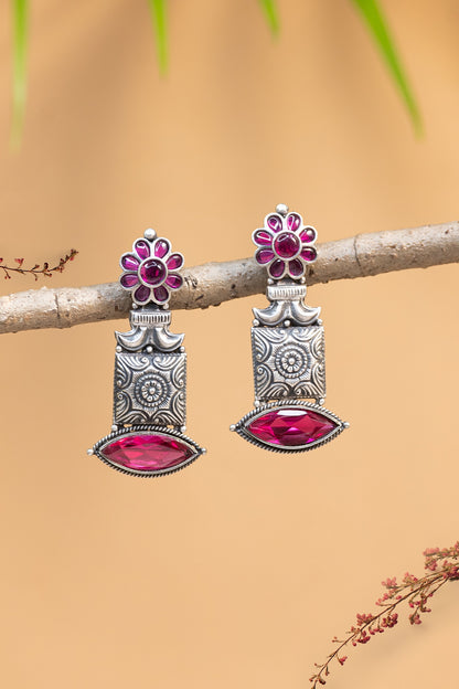 White Finish Maroon Kempstone Temple Dangler Earrings In Sterling Silver