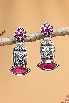 White Finish Maroon Kempstone Temple Dangler Earrings In Sterling Silver