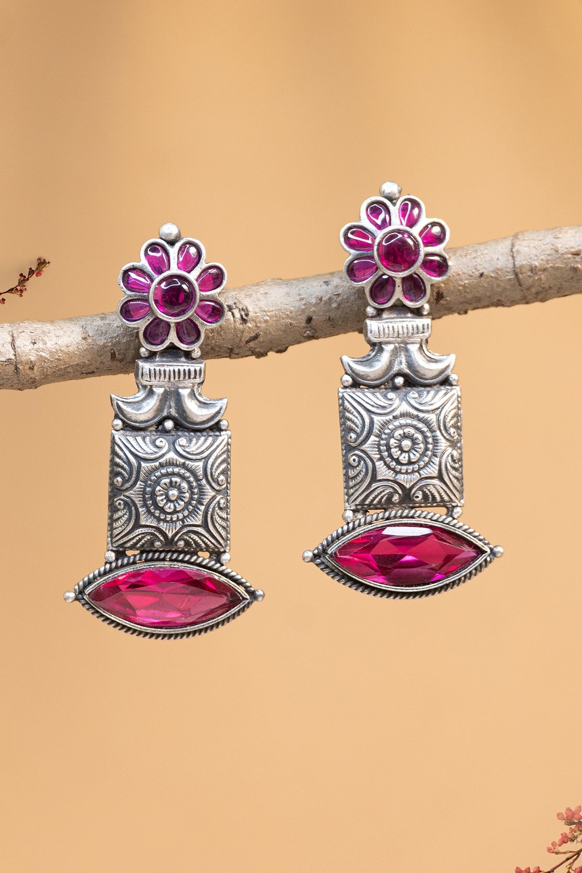 White Finish Maroon Kempstone Temple Dangler Earrings In Sterling Silver