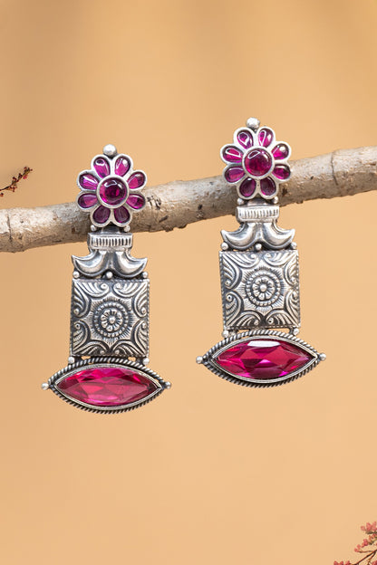 White Finish Maroon Kempstone Temple Dangler Earrings In Sterling Silver