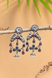 White Finish Blue & Red Onyx Tribal Dangler Earrings In Sterling Silver
