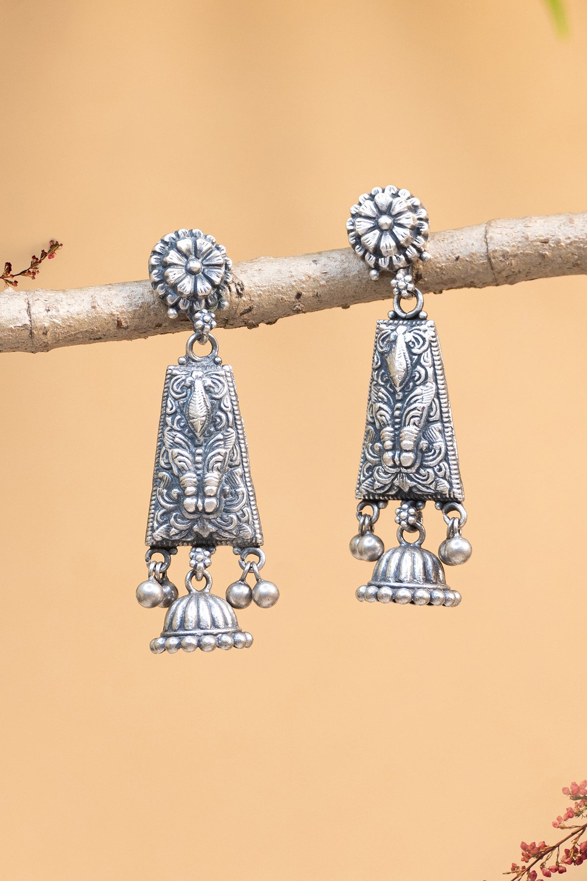 White Finish Onyx Temple Dangler Earrings In Sterling Silver