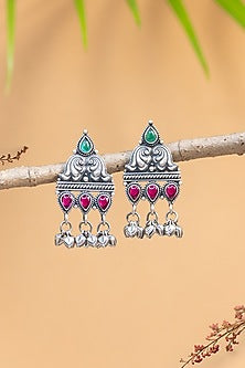 White Finish Red & Green Onyx Temple Dangler Earrings In Sterling Silver