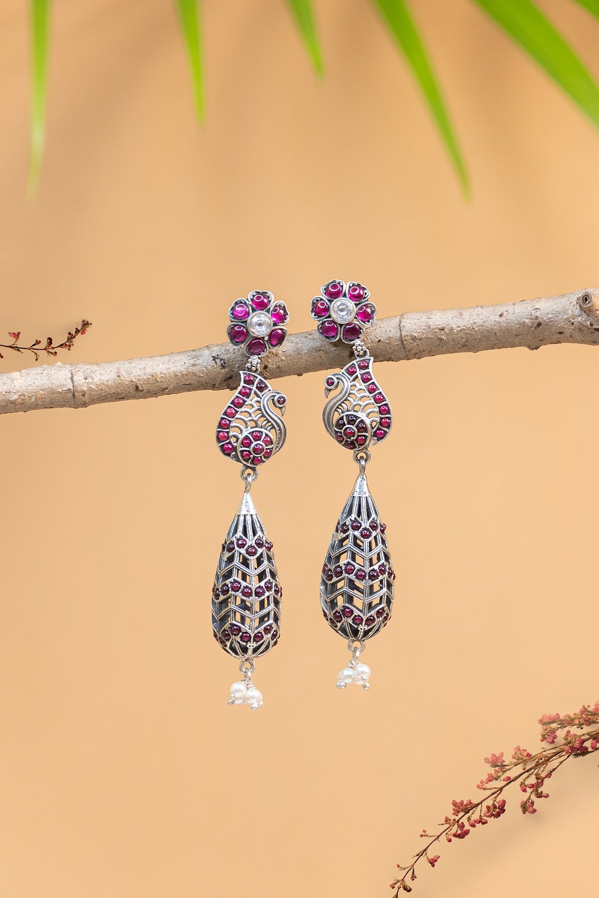 White Finish Kempstone Peacock Temple Dangler Earrings In Sterling Silver