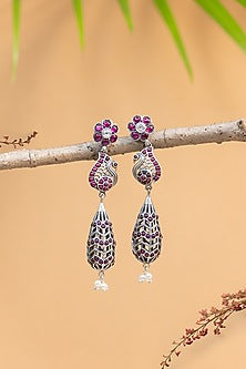 White Finish Kempstone Peacock Temple Dangler Earrings In Sterling Silver