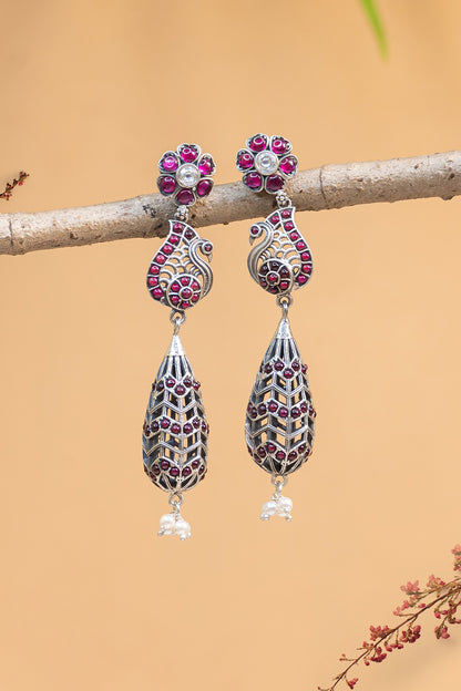 White Finish Kempstone Peacock Temple Dangler Earrings In Sterling Silver