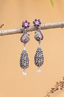 White Finish Kempstone Peacock Temple Dangler Earrings In Sterling Silver