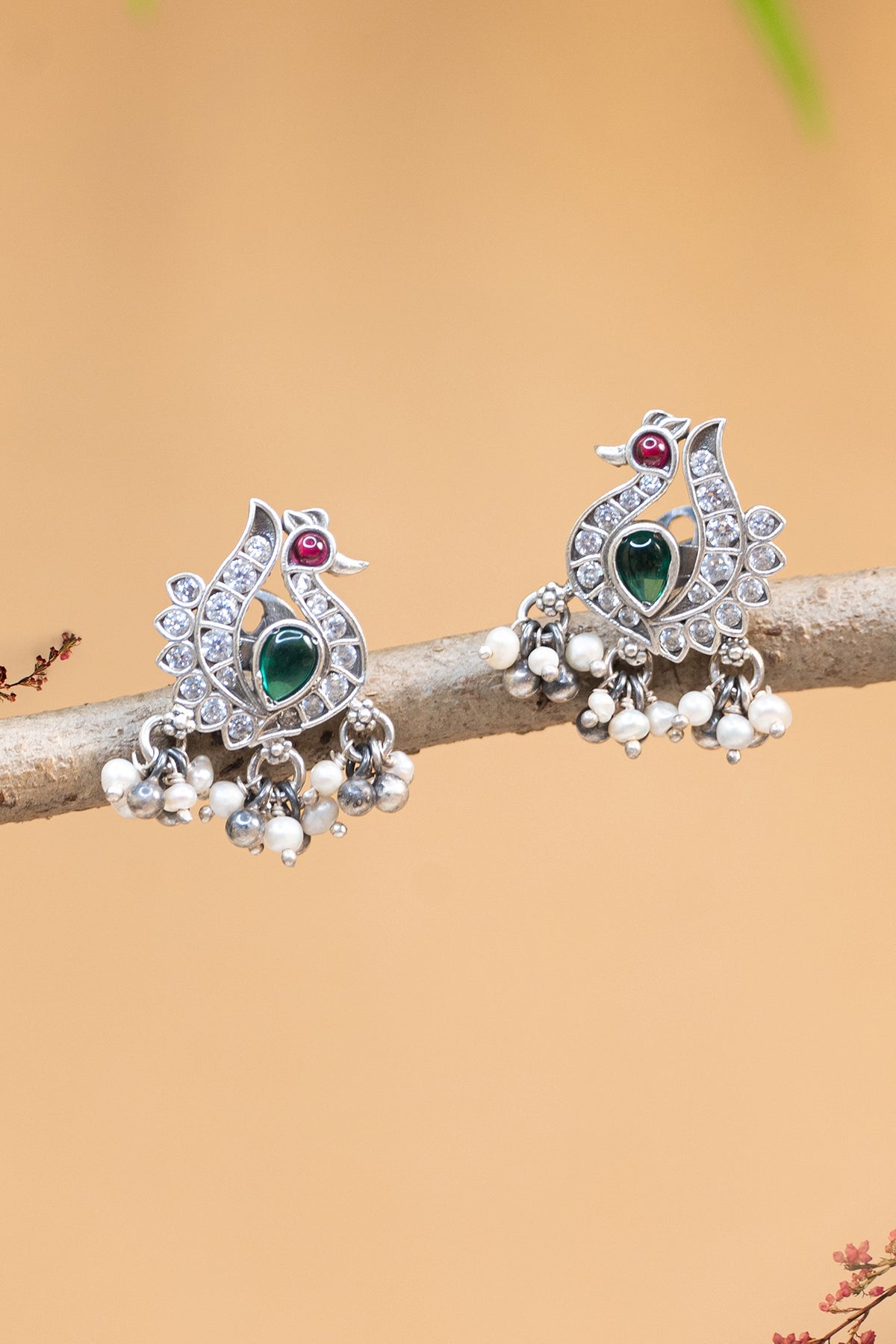 White Finish CZ Peacock Temple Stud Earrings In Sterling Silver
