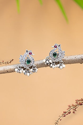 White Finish CZ Peacock Temple Stud Earrings In Sterling Silver