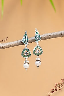 White Finish Kempstone & Pearl Temple Dangler Earrings In Sterling Silver