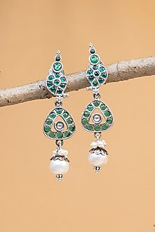 White Finish Kempstone & Pearl Temple Dangler Earrings In Sterling Silver