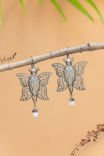 White Finish Pearl Butterfly Dangler Earrings In Sterling Silver