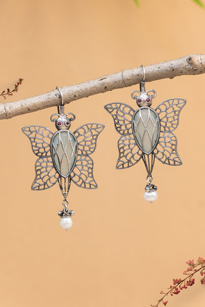 White Finish Pearl Butterfly Dangler Earrings In Sterling Silver
