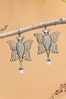 White Finish Pearl Butterfly Dangler Earrings In Sterling Silver