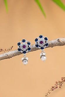 White Finish Kempstone & Pearl Temple Dangler Earrings In Sterling Silver