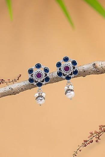 White Finish Kempstone & Pearl Temple Dangler Earrings In Sterling Silver