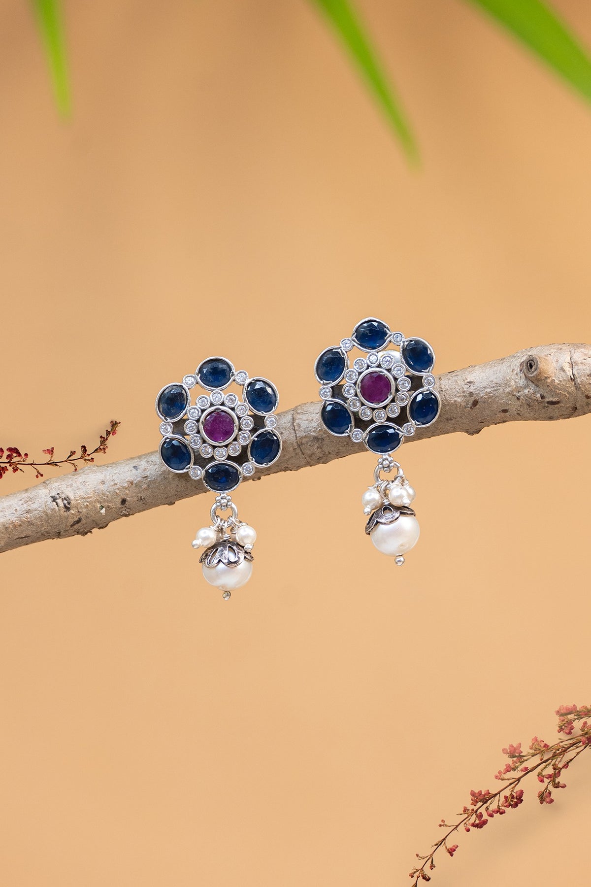 White Finish Kempstone & Pearl Temple Dangler Earrings In Sterling Silver