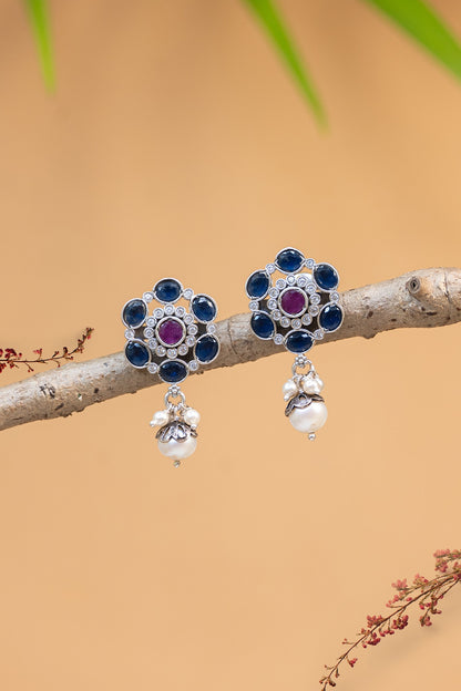 White Finish Kempstone & Pearl Temple Dangler Earrings In Sterling Silver