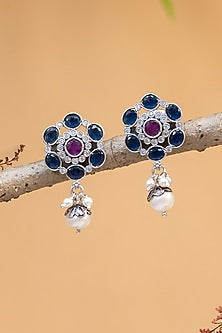White Finish Kempstone & Pearl Temple Dangler Earrings In Sterling Silver