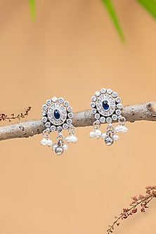 White Finish Kempstone & Pearl Temple Dangler Earrings In Sterling Silver