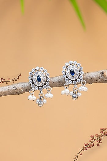 White Finish Kempstone & Pearl Temple Dangler Earrings In Sterling Silver