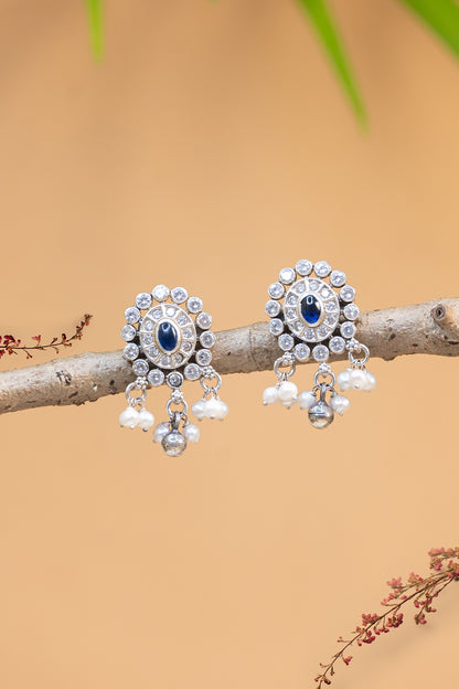 White Finish Kempstone & Pearl Temple Dangler Earrings In Sterling Silver