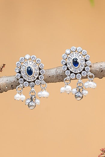 White Finish Kempstone & Pearl Temple Dangler Earrings In Sterling Silver
