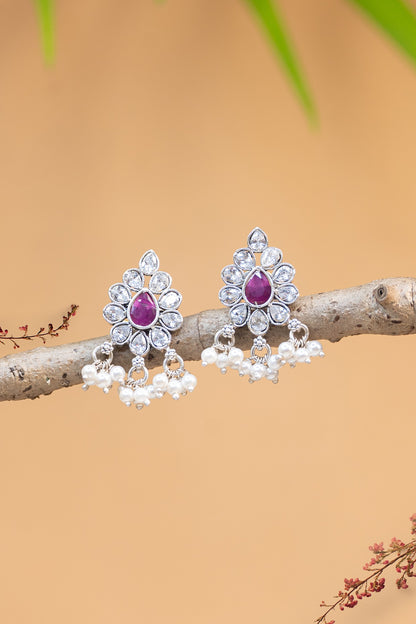 White Finish CZ & Pearl Temple Dangler Earrings In Sterling Silver