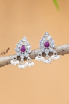 White Finish CZ & Pearl Temple Dangler Earrings In Sterling Silver