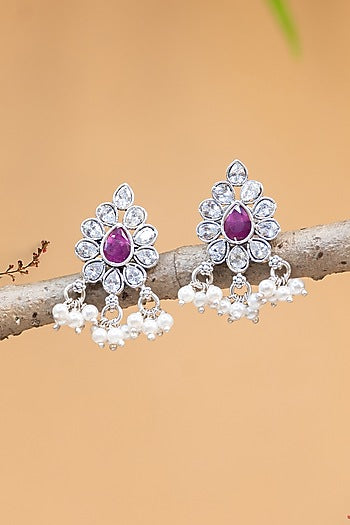 White Finish CZ & Pearl Temple Dangler Earrings In Sterling Silver