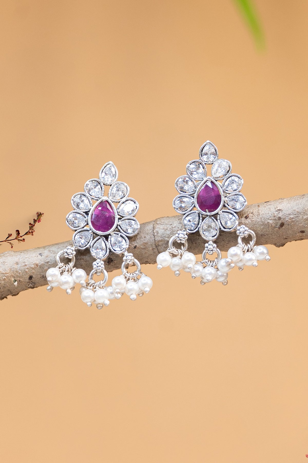 White Finish CZ & Pearl Temple Dangler Earrings In Sterling Silver