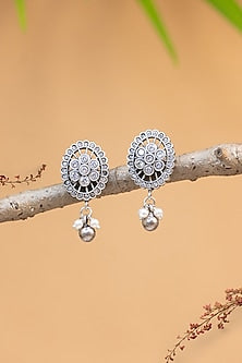 White Finish CZ & Pearl Temple Dangler Earrings In Sterling Silver