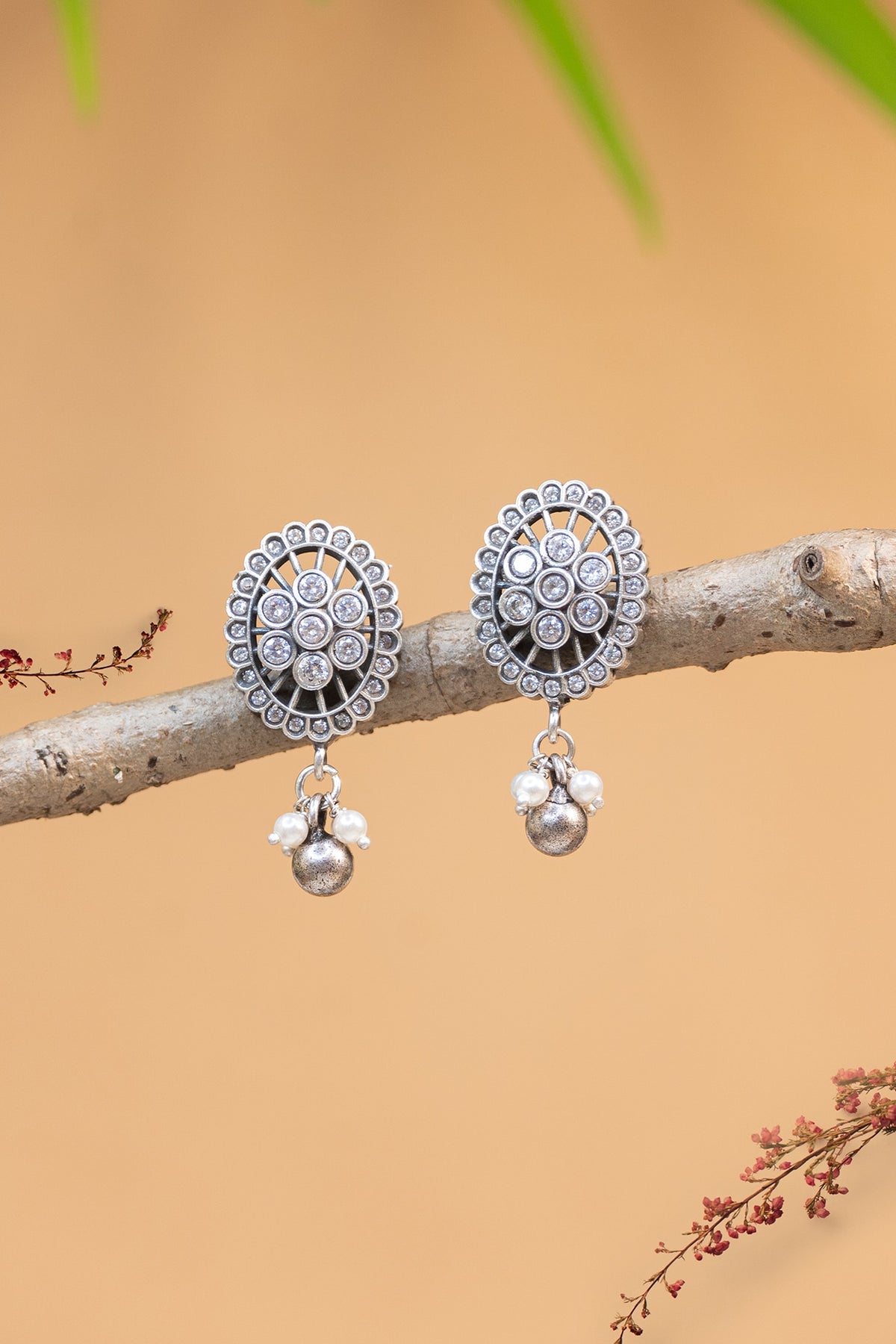 White Finish CZ & Pearl Temple Dangler Earrings In Sterling Silver