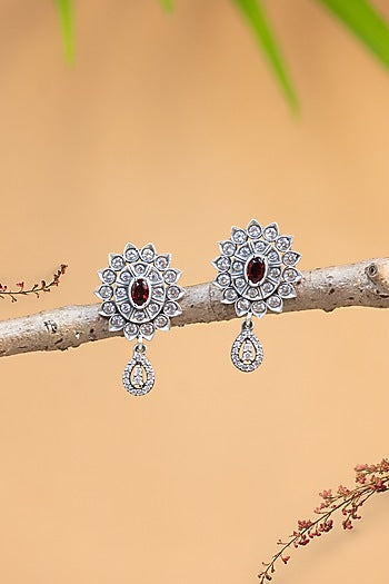 White Finish CZ & Pearl Temple Dangler Earrings In Sterling Silver