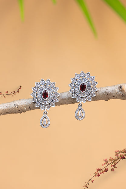 White Finish CZ & Pearl Temple Dangler Earrings In Sterling Silver