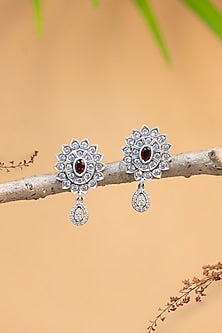 White Finish CZ & Pearl Temple Dangler Earrings In Sterling Silver