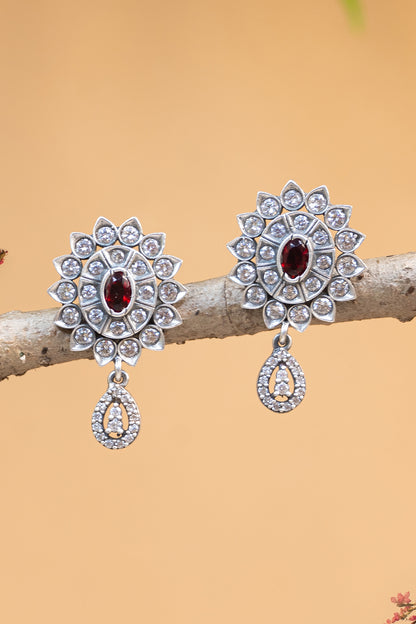 White Finish CZ & Pearl Temple Dangler Earrings In Sterling Silver