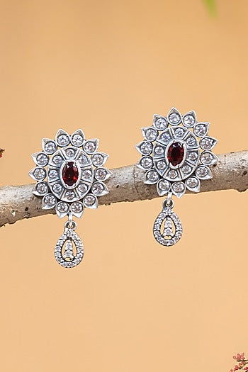 White Finish CZ & Pearl Temple Dangler Earrings In Sterling Silver