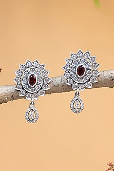 White Finish CZ & Pearl Temple Dangler Earrings In Sterling Silver