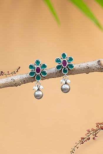 White Finish Kempstone & Pearl Temple Dangler Earrings In Sterling Silver