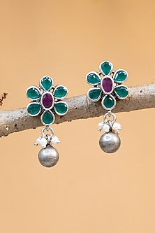 White Finish Kempstone & Pearl Temple Dangler Earrings In Sterling Silver
