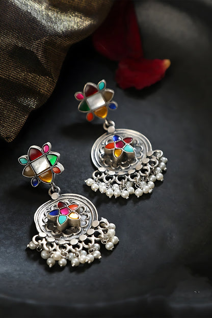 White Finish Kundan Polki & Navratna Pearl Temple Dangler Earrings In Sterling Silver