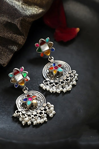 White Finish Kundan Polki & Navratna Pearl Temple Dangler Earrings In Sterling Silver