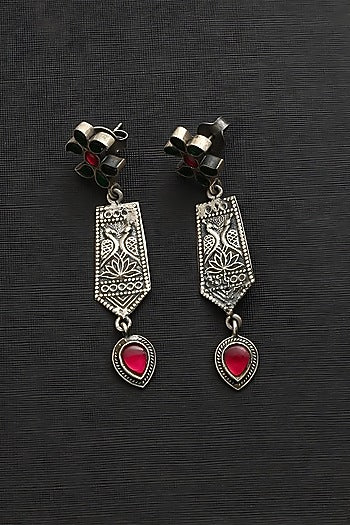 White Finish Red & Green Kundan Polki Temple Dangler Earrings In Sterling Silver