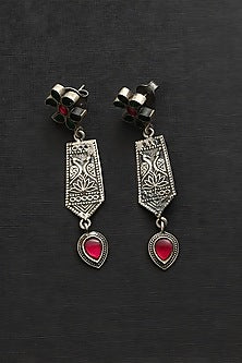 White Finish Red & Green Kundan Polki Temple Dangler Earrings In Sterling Silver