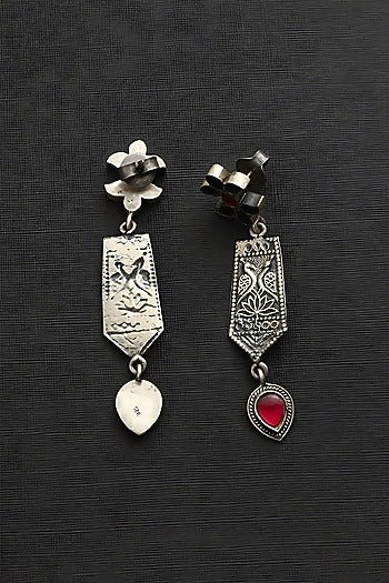 White Finish Red & Green Kundan Polki Temple Dangler Earrings In Sterling Silver